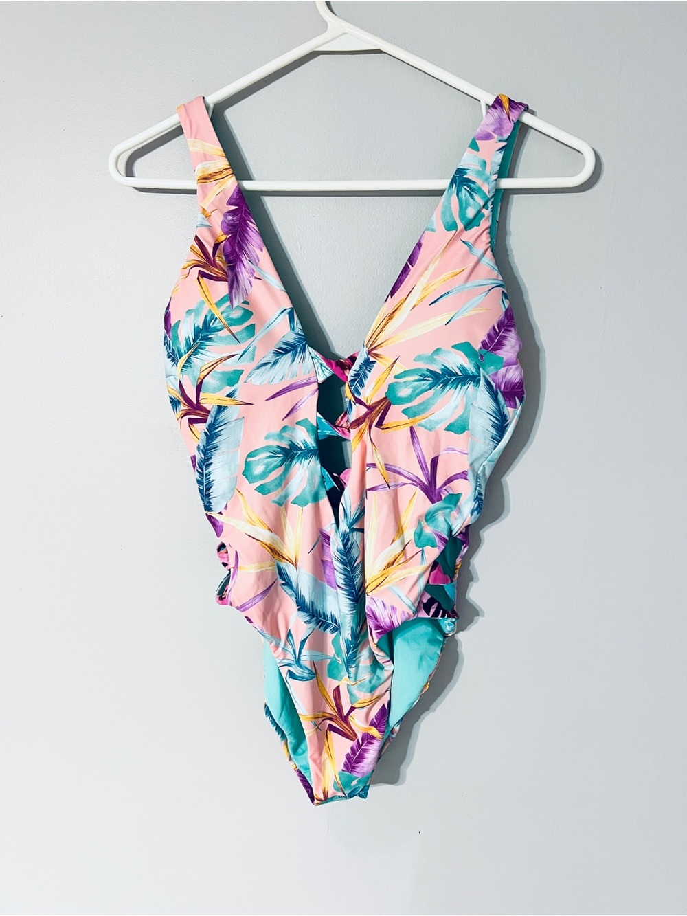 Bar III (Macys)  Pink Tropical One-Piece Swimsuit with Teal Leaf Print